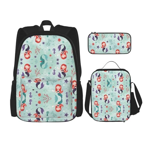 WURTON Schöne 3-in-1 Büchertaschen-Sets mit Meerjungfrauen-Druck, verstellbarer Schulter-Rucksack, Lunch-Tasche, Federmäppchen, Beutel, Schwarz, Einheitsgröße