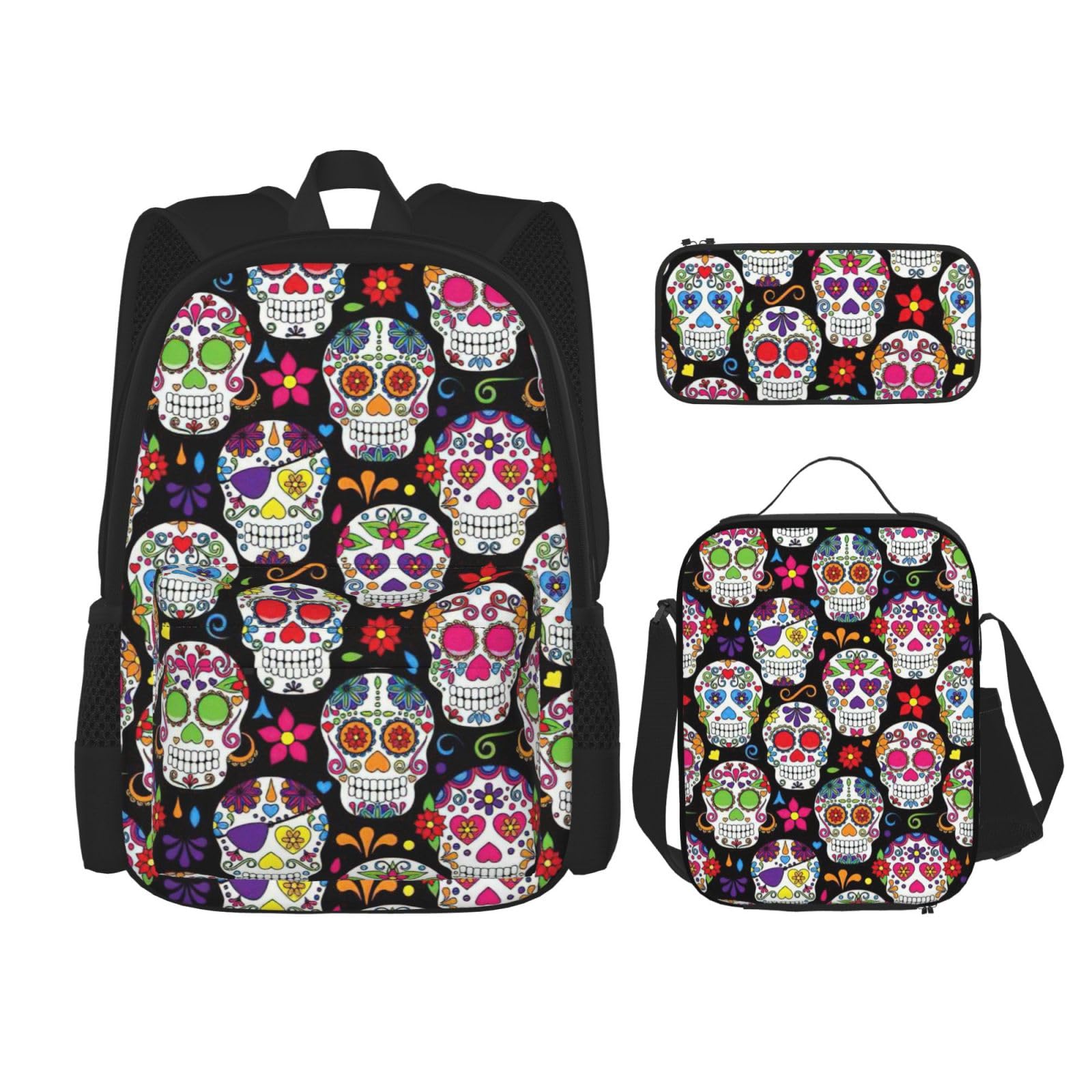 WURTON Zuckertotenkopf-Druck, verstellbare Schultergurte, Rucksack-Set, Lunchtasche, Federmäppchen, Kombinationstaschen-Set