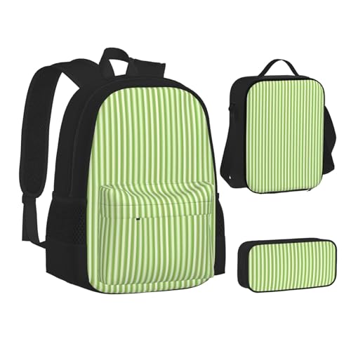 WURTON Rucksack für Teenager, klassisch, grün, gestreift, 3-in-1 (Federmäppchen + Schultasche + Lunchtasche)