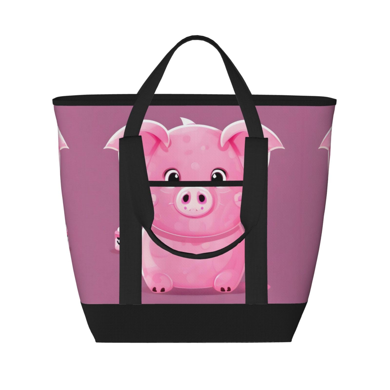 YQxwJL Pinks isolierte Kühltasche mit niedlichem Schweine-Aufdruck, großes Fassungsvermögen, Einkaufstasche, Reisetasche, Strand, wiederverwendbare Einkaufstasche für Erwachsene, Schwarz,