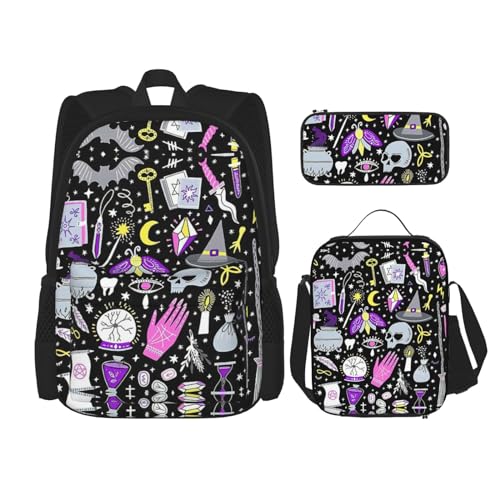 WURTON Magische Hexe, Hexerei, böhmisches Zeichen-Druck-Rucksack-Set, Schultasche mit Lunchtasche, Federmäppchen, Kombination, Schulranzen-Set