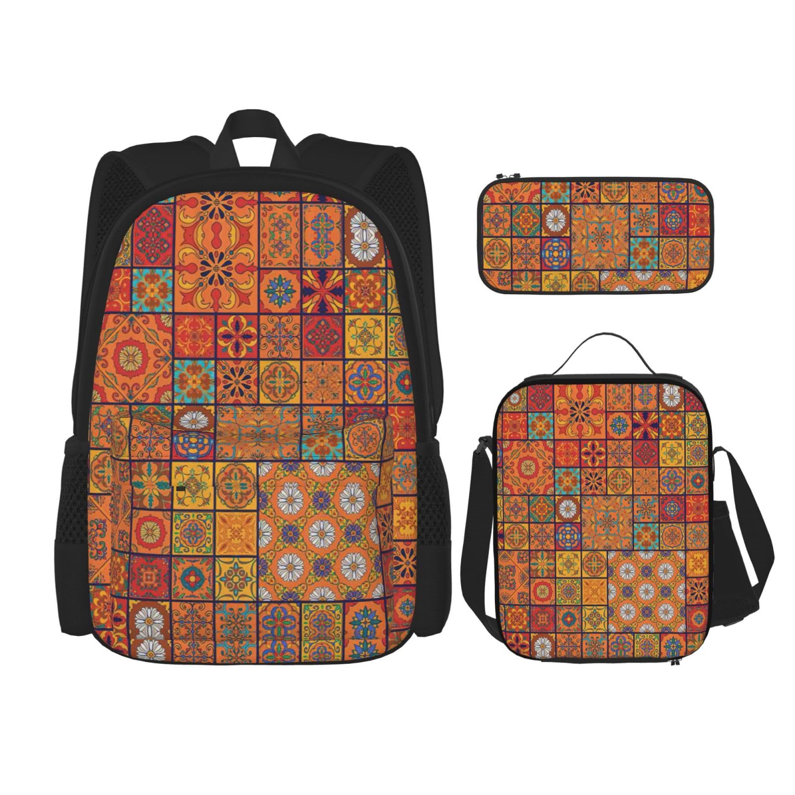 WURTON Schulrucksack-Set mit marokkanischem geometrischem Druck, mit Lunchtasche, Federmäppchen, Kombination, Schulranzen-Set