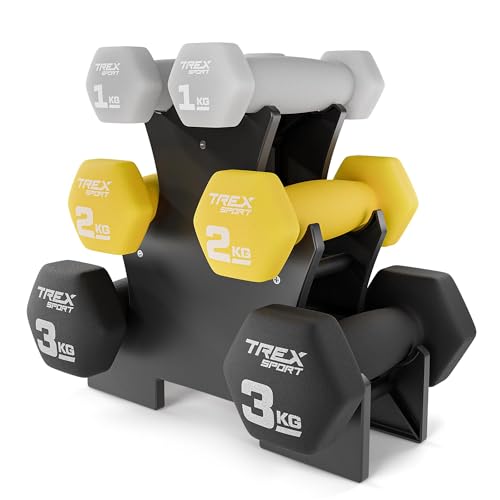 TREX SPORT Neopren Hanteln Set mit Hantelständer | Kurzhanteln 6er Set 2x1kg, 2x2kg, 2x3kg | Hanteln Frauen & Männer Set