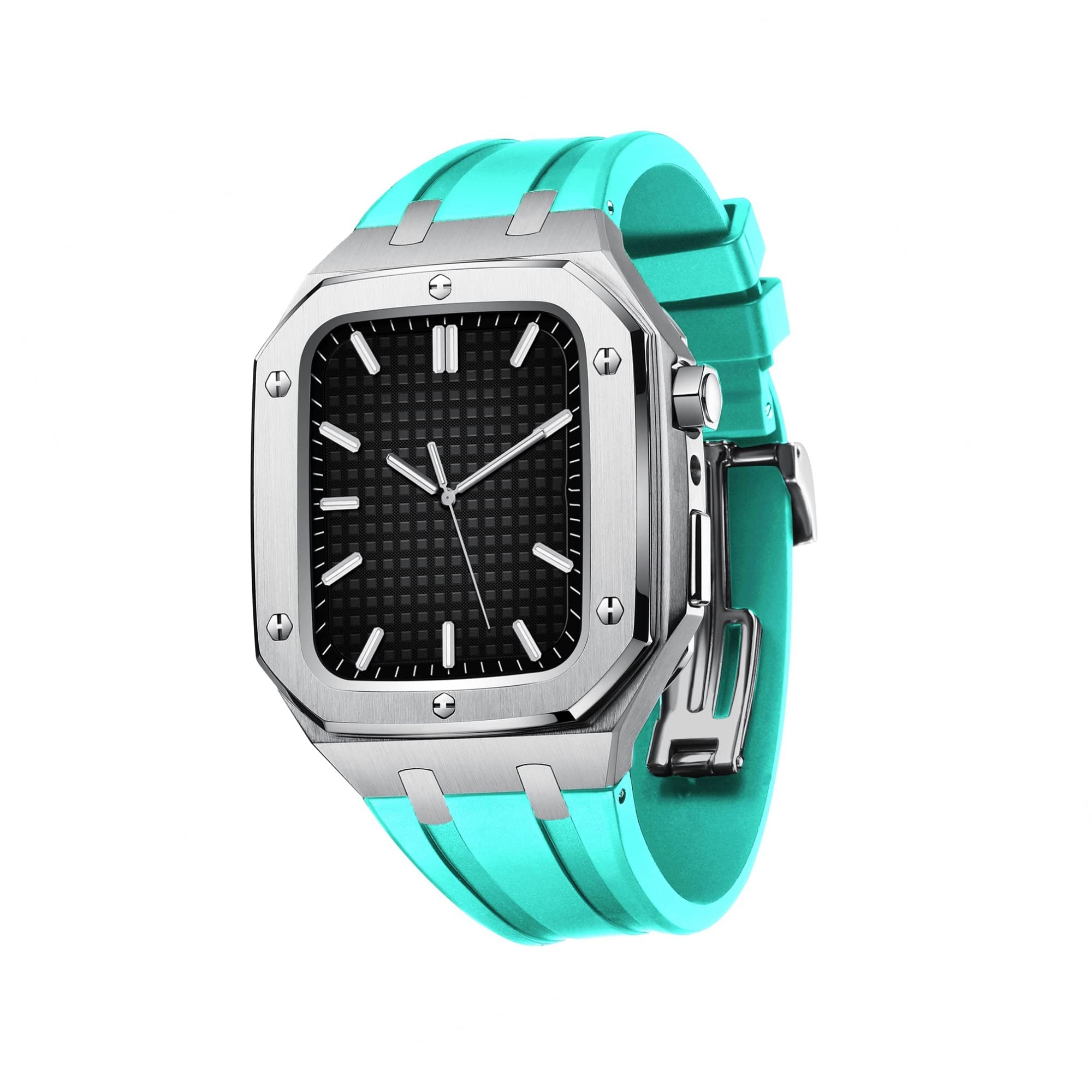 TONECY Business-Uhrenarmband für Damen und Herren, militärisches Metallgehäuse für Apple Watch, 45 mm, 44 mm, mit Silikonband, stoßfester Stoßfänger für iWatch Serie 7/SE/6/5/4 (Farbe: Silber,