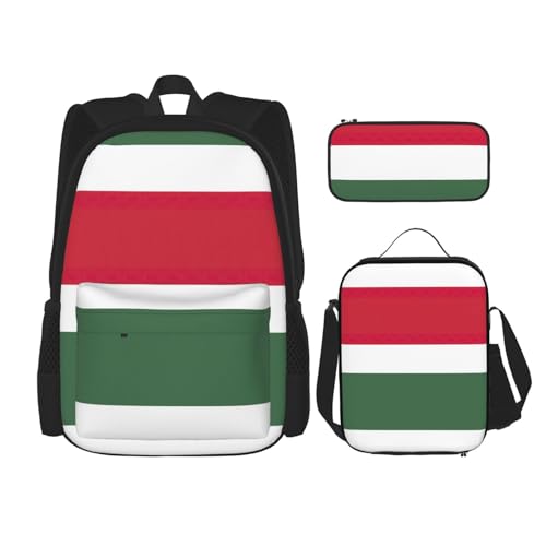 WURTON Rucksack-Set mit verstellbarer Schulterriemen, Motiv: Flagge von Ungarn, Lunch-Tasche, Federmäppchen, Kombinationstaschen-Set