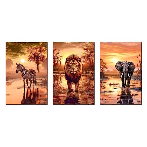 Zebra, Löwe, Elefant 3er Set - Leinwand Bilder - Afrika Wandbild aufhängefertig Kunst Druck Bilder Wand Deko Modern Art XXL Wohnzimmer (70 x 50 cm, Leinwand auf Keilrahmen, 3er Set)