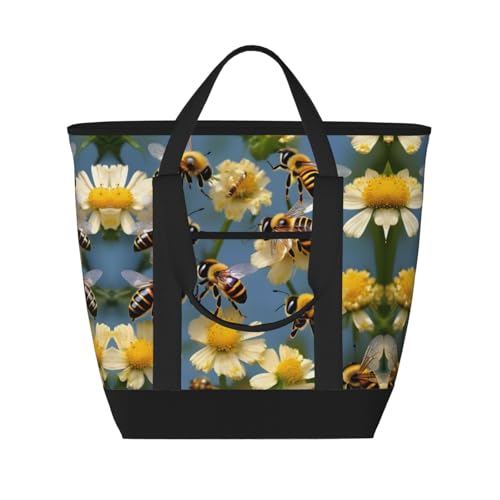 YQxwJL Isolierte Kühltasche mit Honigbienen-Blumendruck, großes Fassungsvermögen, Einkaufstasche, Reisetasche, Strand, wiederverwendbare Einkaufstasche für Erwachsene, Schwarz, Einheitsgröße