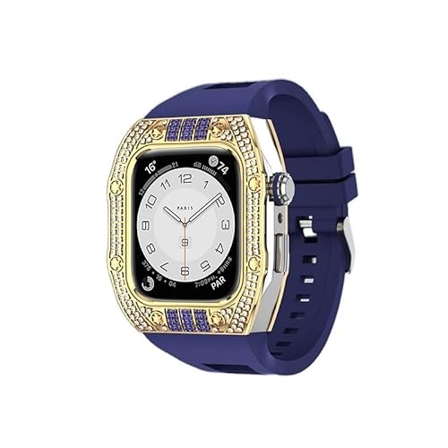 KANUZ Luxus-Diamant-Gehäuse-Modifikationsset für iWatch 8, 7, 6, SE, 5, 4, Gummiband, 44 mm, 45 mm, für Apple Watch, Metallbeze-Uhrenarmband (Farbe: Diamant-Blau, GNU, Größe: 45 mm)