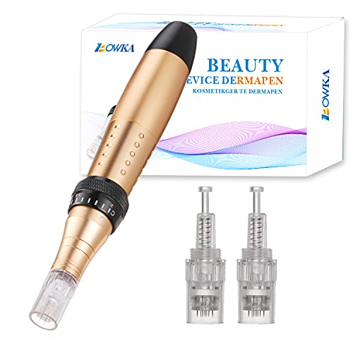 BOWKA Derma Pen elektrischer Microneedling Pen 0,25mm-2,0mm inkl. 2 Stück Ersatznadelpatronen verstellbare Nadellänge & Geschwindigkeit (Gold)