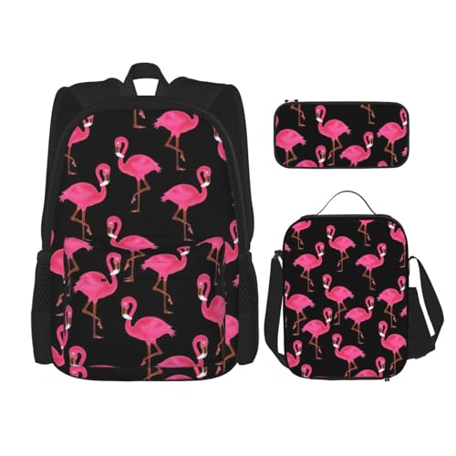 WURTON Niedlicher rosa Flamingodruck, trendige Rucksacktaschen, Lunchbox und Federmäppchen, 3-in-1 verstellbarer Rucksack-Set, Schwarz , Einheitsgröße