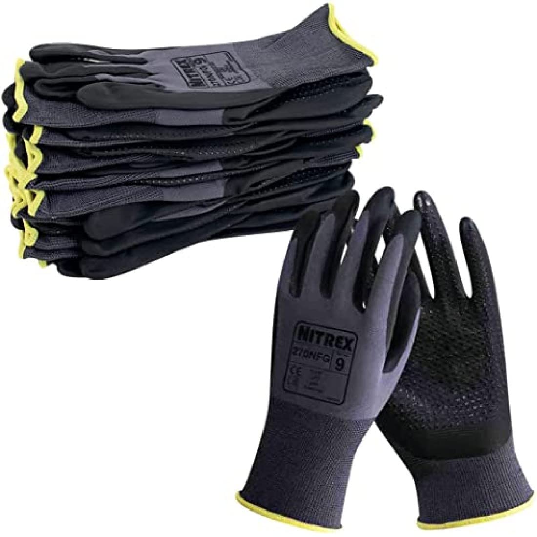 NITREX Unigloves 270NFG Wiederverwendbare Handschuhe mit Schaumstoff-Nitril-Handflächenbeschichtung, Nylonfutter und verbesserter Griffabdeckung auf der Handfläche, Grau/Schwarz