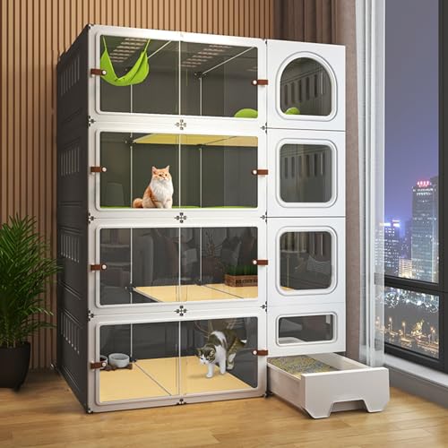 Katzenkäfig, Katzenkäfige für den Innenbereich mit Katzentoilette, DIY-Katzenlaufstall, HD, transparent, neu verbesserte Schiebetür für 1–2 Katzen, Frettchen, Chinchillas, Kaninche