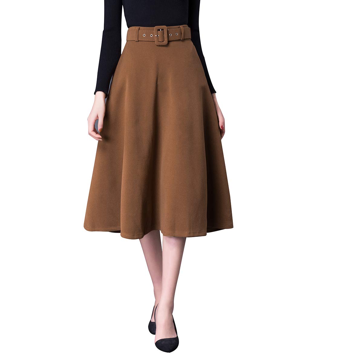 Damen Retro Elegante Hohe Taille Midi Wollrock a Linie Passenden Gurt Herbst Winter Warm Mode Röcke Langen Wolle Rock Ausgestelltem Feste Farbe Rock (S (Taille: 64 cm, Länge: 75 cm), Khaki)