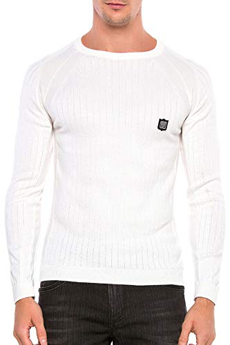 Cipo & Baxx Herren Strickpullover Rippenstrickpulli Rundhalsausschnitt Sweatshirt Raglanärmel Slim Body Fit Weiß XXL