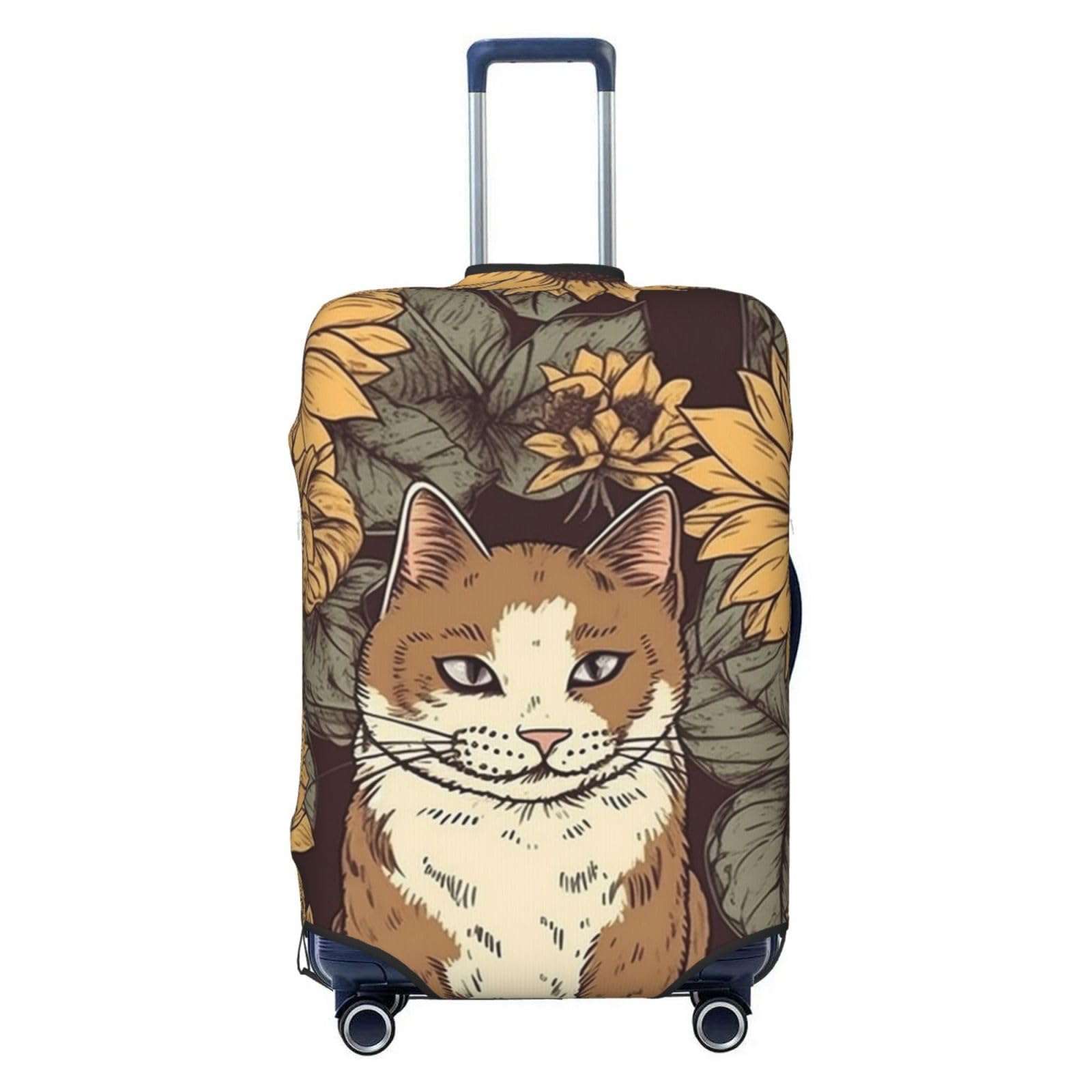 CSGJMYGS Reisegepäckabdeckung, elastisch, waschbar, modisch, kratzfest, Katzen- und Sonnenblumenkoffer-Schutz, passend für 45,7 - 81,3 cm Gepäck, Schwarz , XL