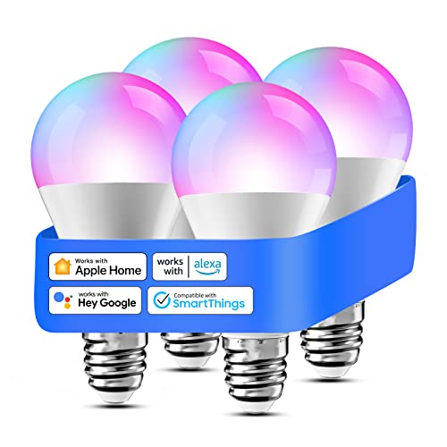 Smart WLAN Glühbirne für HomeKit Meross Wifi Lampe LED Mehrfarbige Dimmbare Glühbirne RGBWW kompatibel mit Siri, Alexa, Google Home und SmartThings, E27 Warmweiß, 4 St.