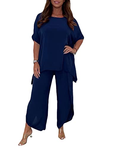 WINDEHAO 2-teiliger Hosenanzug mit Ärmeln für Frauen,Hosen mit lockeren,fließenden Ärmeln,Plus Size 5XL 2 Piece Solid Color Suit (Dark Blue,XXXL)