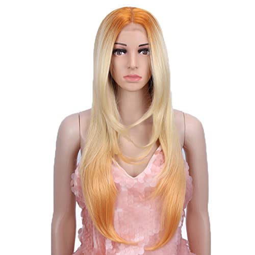 28 Zoll Rosa Perücke Synthetische Lace Front Perücke Langes glattes Haar Natürliche Perücke Ombre Blonde Perücke Hitzebeständige Faserperücken für den täglichen Partygebrauch