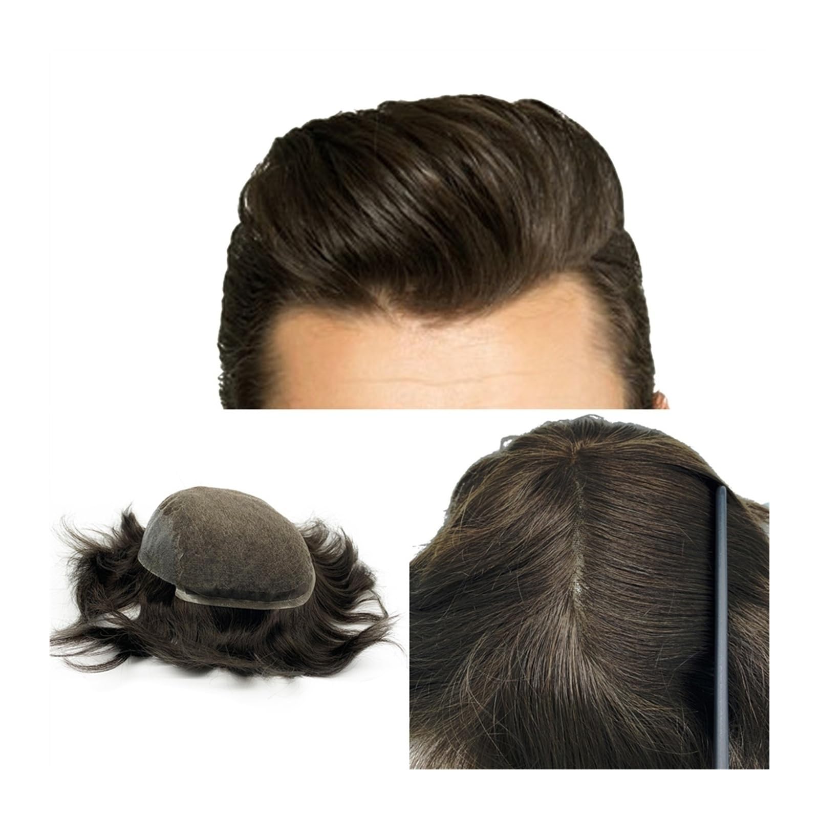 Herren-Haarteile, Toupet for Männer, Dunkelbraun, 2#, Echthaarteil, 20,3 x 25,4 cm, Spitzenfront mit PU-Hautbasis, Herrentoupet, natürlicher Haaransatz, atmungsaktives Haarersatzsystem, für tägliche