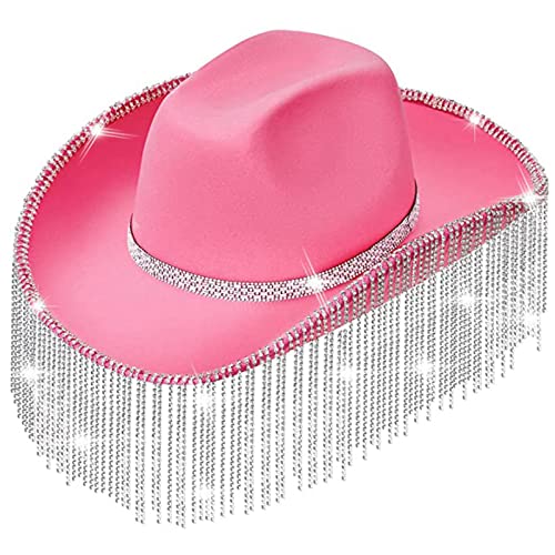 LIbgiubhy Cowgirl-Hut mit Strasssteinen, glitzernd, Kuh-Mädchen-Hut mit Strass-Fransen, Erwachsenengröße, für Party, 3 Farben