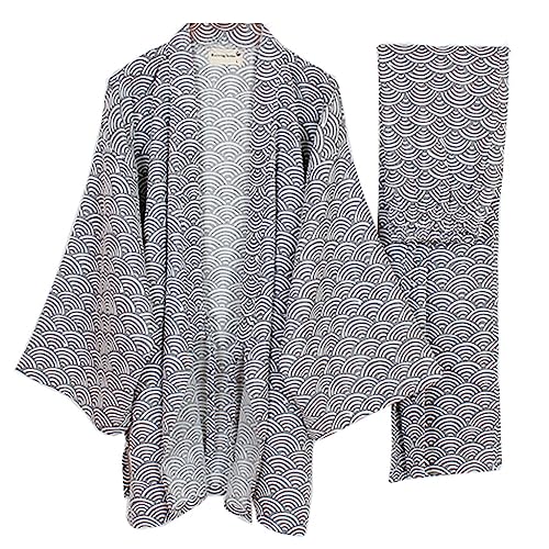 Fancy Pumpkin Herren-Kimono-Pyjamas im japanischen Stil Roben Kimono-Anzugs-Set [graues Wellenmuster Größe L]