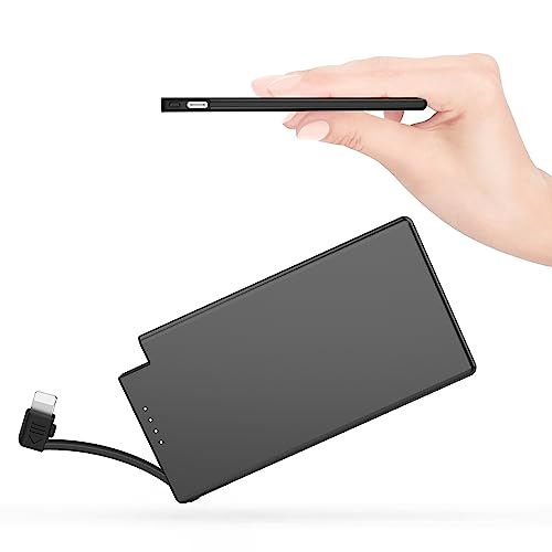 TNTOR 5000mAh Ultra Slim Power Bank mit intregierten Kabel für iPhone, [6mm Dicke] Metallschale Tragbare Mini Powerbank - Schwarz