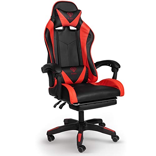 Trisens Gaming-Stuhl mit Fußstützen - Bürostuhl ergonomisch stufenlos einstellbar - Gamer Chefsessel, Computer Office Chair, Schreibtischstuhl, Büro Stuhl, Farbe:Schwarz/Rot