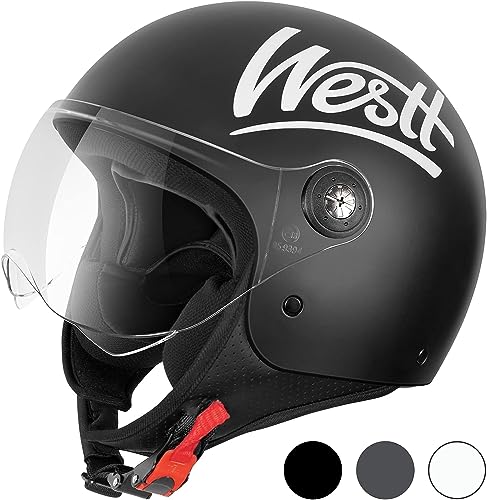 Westt Jethelm mit Visier Motorradhelm Herren Damen Helm Motorrad Roller Helm Mopedhelm Chopper Retro Mofa ECE 22.06 und DOT Zertifiziert