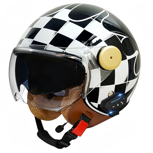 3/4-Bluetooth-Helm mit offenem Gesicht, Vintage-Motorrad-Halbhelm, ECE-zugelassenes Moped mit Doppelvisier, Motorradhelm für Männer, Erwachsene, Frauen B,XXL63-64CM