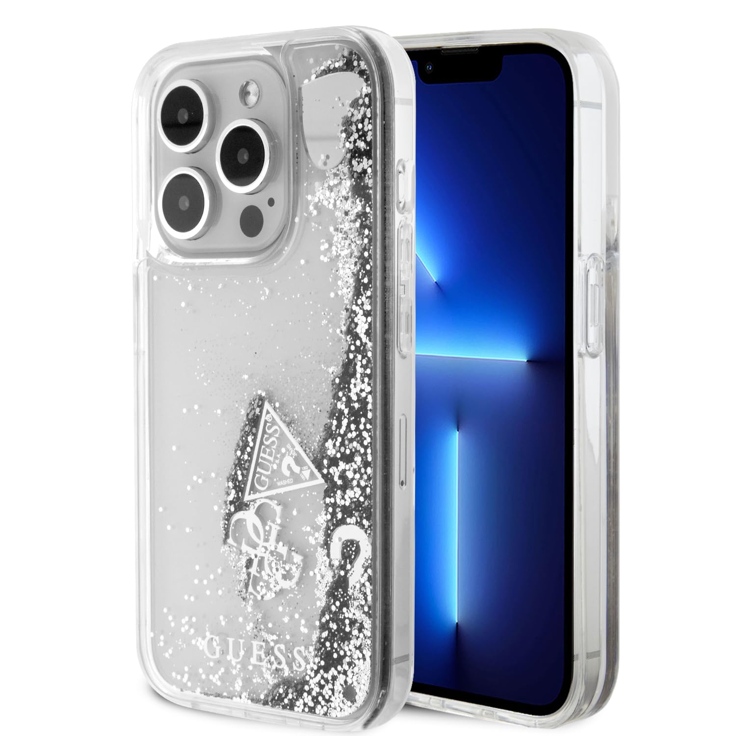 CG MOBILE Guess Phone Case - iPhone 15 Pro Handyhülle in Silber Liquid Glitter Case, Anti-Scratch, Bequem & Durable Hard Case mit Zugänglichen Anschlüssen