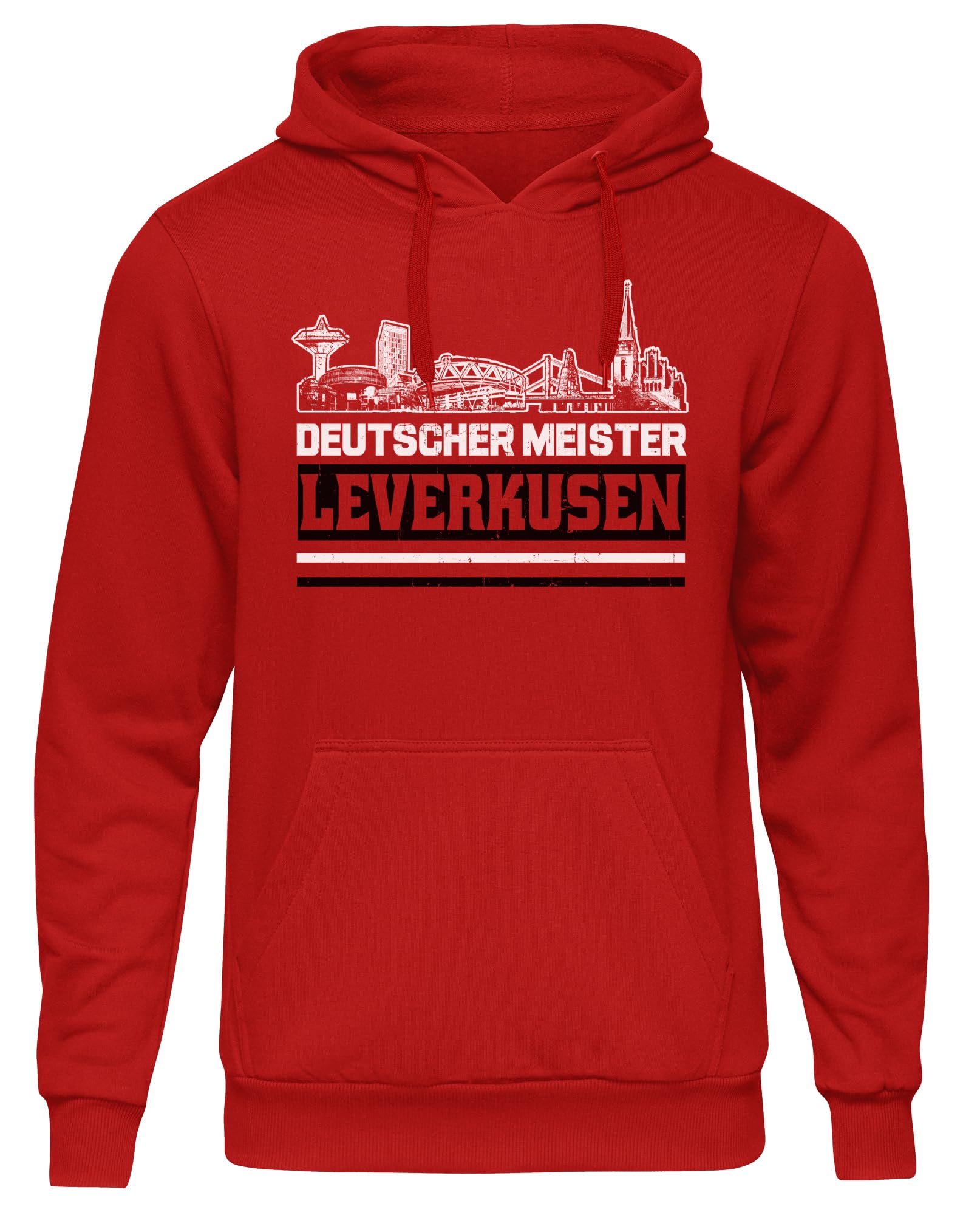 UGLYSHIRT Leverksuen Titelkusen Herren Kapuzenpullover | Leverkusen Pullover Trikot Fanartikel Fussball Stadt Skyline Leverkusen Meister Hoodie | Rot (XXL)