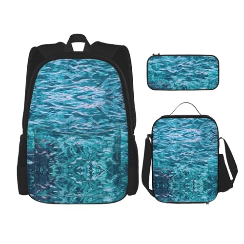 WURTON Schöner Schulrucksack mit Meeresoberflächen-Druck, 3-in-1-Büchertasche-Set mit Lunchbox, Federmäppchen, Reise, Laptop, Tagesrucksack