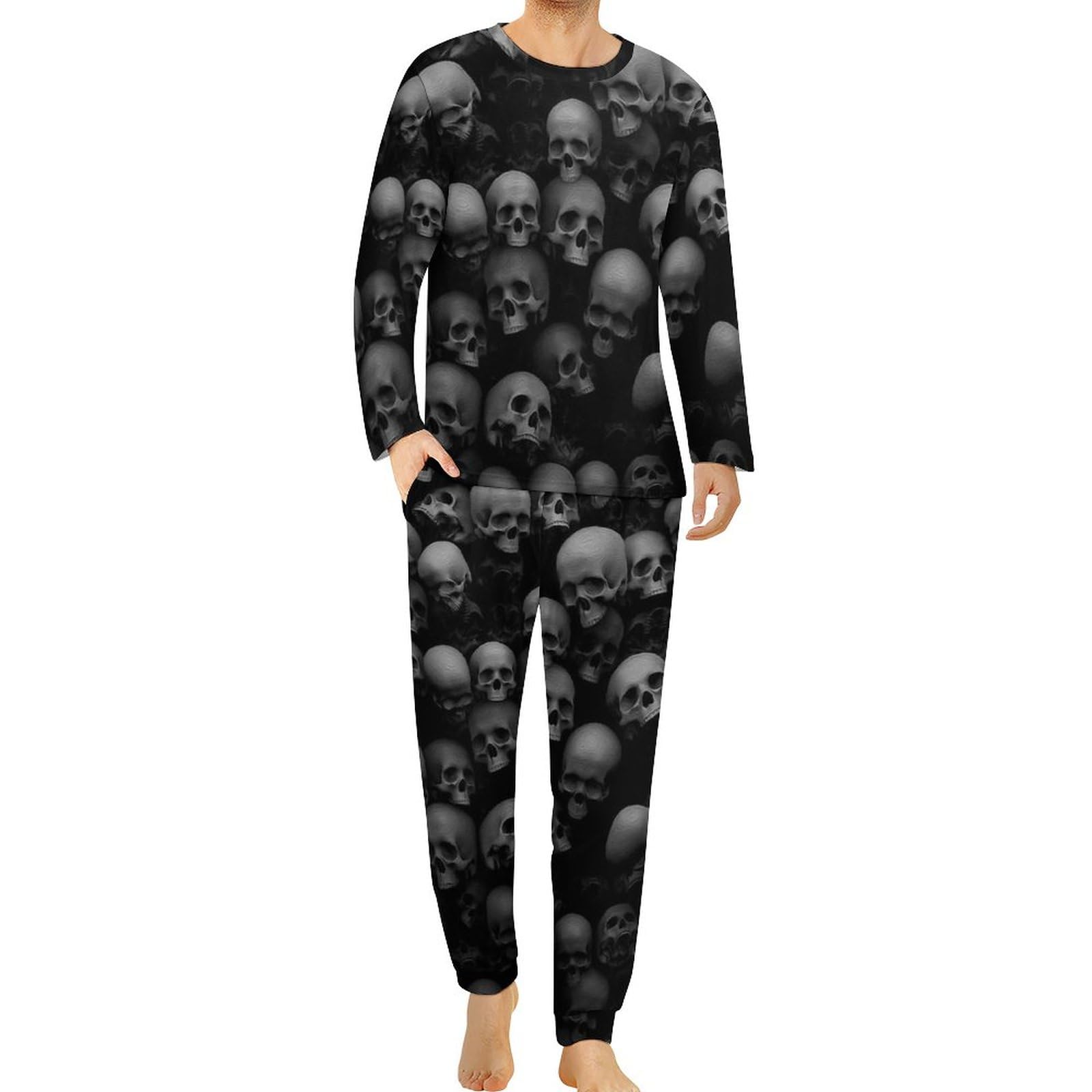 HABXNJF Herren Schlafanzug mit Rundhalsausschnitt, schwarzer Totenkopf-Pyjama für Männer, Herren-Pyjama mit Taschen, Totenkopfkopf, XXXL