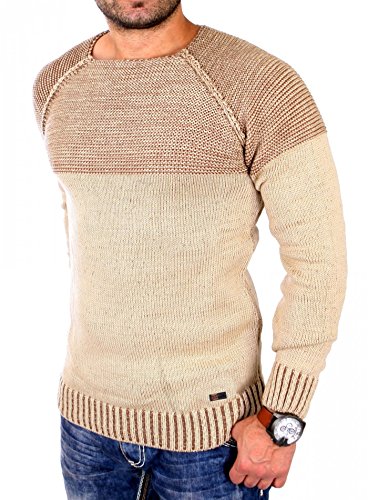 Reslad Strickpullover Herren Two Tone Rundhals Pullover Grobstrick RS-16081 Camel S