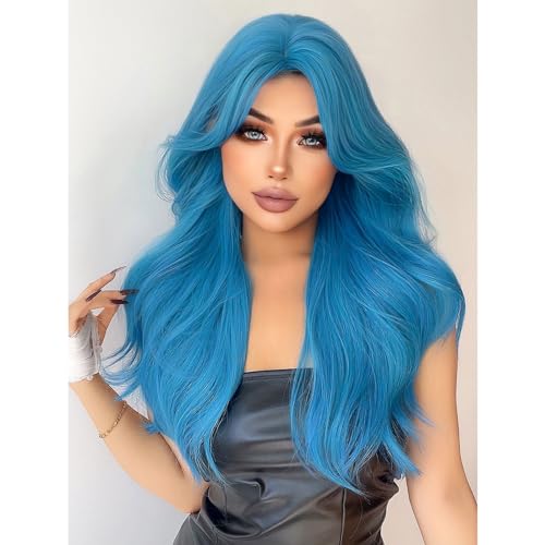 Perücken Meer Blau Farbe 28 Zoll Synthetische Perücken Mittelteil Lange Natürliche Wellenförmige Haar Perücke for Frauen Cosplay Drag Queen Party hitzebeständig Damenperücke