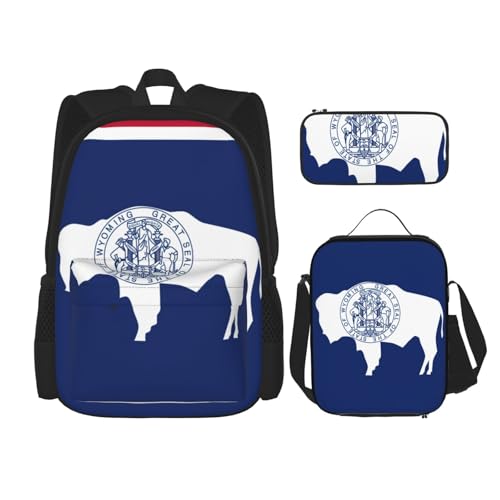 WURTON Wyoming 3-in-1-Set mit Staatsflaggen-Druck, lässig, verstellbar, Schulter-Rucksack, Lunch-Tasche, Federmäppchen, Beutelbox, Schwarz, Einheitsgröße