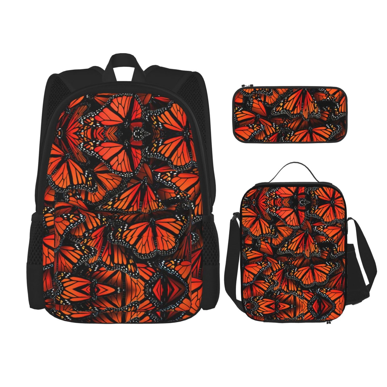 WURTON Monarch Butterflies. Bedruckte verstellbare Schultergurte, Rucksack-Set, Lunchtasche, Federmäppchen, Kombinationstaschen-Set, Schwarz, One Size