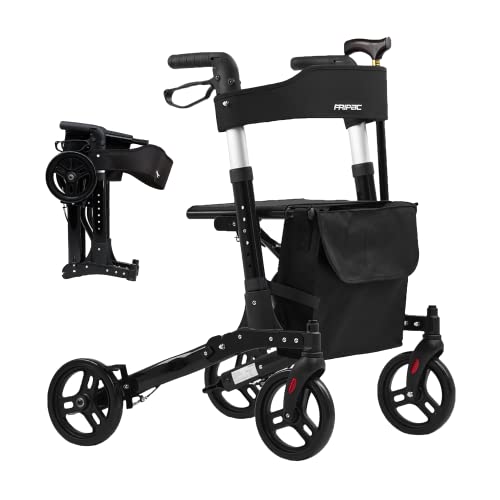 Faltbarer Leichtgewicht-Rollator FRIPAC R-1010, Aluminium, mit Ankipphilfe, kompletter Ausstattung, und bequemer Sitzfläche, schwarz