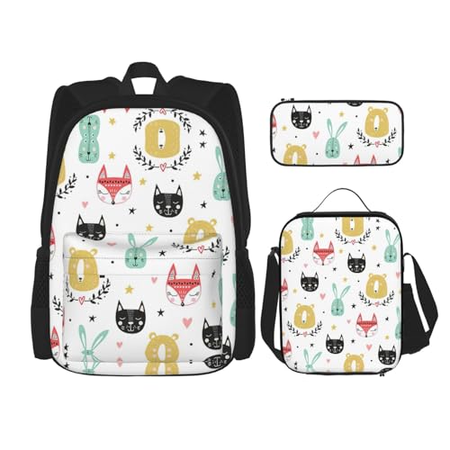 WURTON Farbenfroher einfacher Schulterrucksack, 3-in-1, Büchertaschen-Set, Lunchbox, Federmäppchen, Reise-Laptop-Tagesrucksäcke, Schwarz, Einheitsgröße