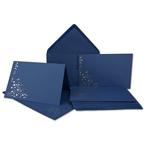 Faltkarten-Set mit Umschlägen DIN C6 A6 - Nacht-blau mit goldenen Metallic Sternen - 50 Sets - für Drucker geeignet Ideal für Weihnachtskarten