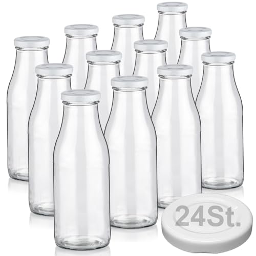 12 Milchflaschen 500ml mit 24 Deckel BPA frei Saftflaschen Glasflaschen 0,5L auch erhältlich mit 2/4/6/9/20 Flaschen Smoothie Weithalsflaschen Milchflasche leer zum Befüllen Trinkflasche Schraubdeckel