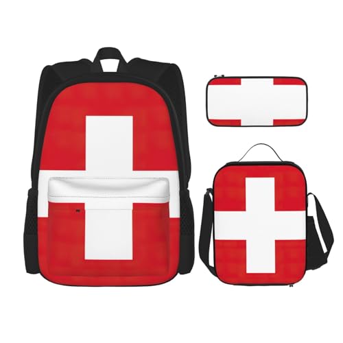 WURTON Reise-Lunchbox mit Schweizer Flagge, Federmäppchen, Rucksack-Set, 3-teilig, verstellbare Riemen, leicht, schwarz, Einheitsgröße, Schwarz, One Size