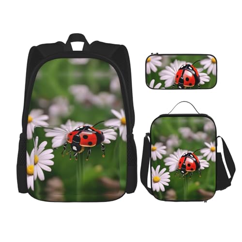 WURTON Ladybug Daisy Print Reise Lunchbox Federmäppchen Rucksack Set 3 Stück Verstellbare Träger Leicht, Schwarz, Einheitsgröße