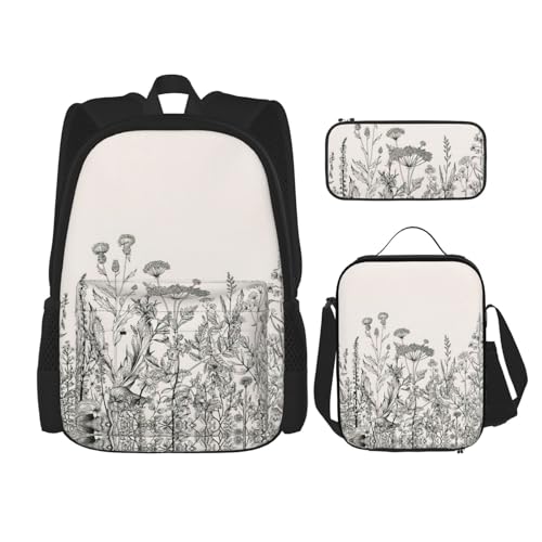 WURTON Rucksack mit Blumen-Kräutern, Botanische Gravur, Rucksack, Mädchen, Jungen, Schultaschen, Teenager, Lunchbox und Federmäppchen, 3-in-1-Büchertaschen-Set, Schwarz, Einheitsgröße