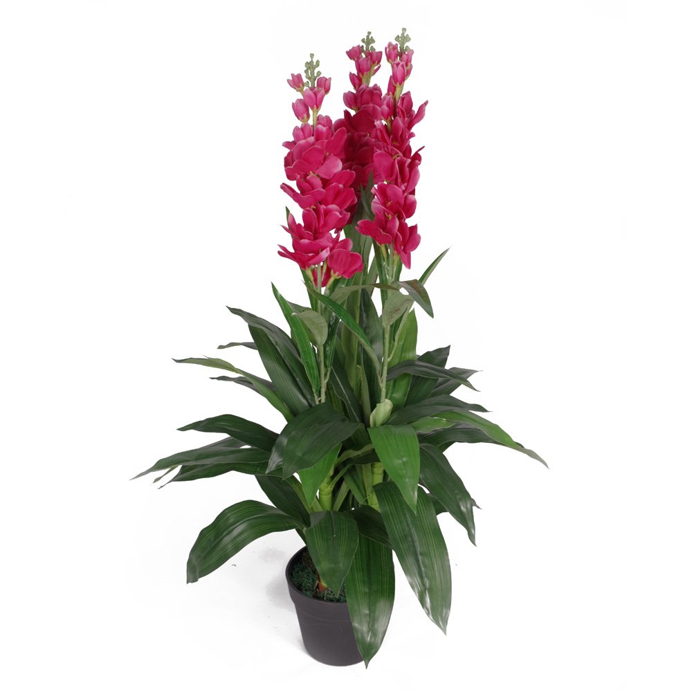 Leaf Kunstpflanze Cymbidium Orchidee, 100 cm, schwarzer Kunststofftopf, dunkelrosa Blumen