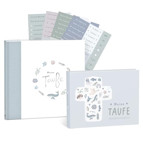 mintkind® Taufe Geschenkset Wal "Meine Taufe" Erinnerungsbuch + Gästebuch mit Stickerset I 153 Seiten zum Selbstgestalten für Erinnerungen zur Taufe I Geschenk zur Taufe Junge & Mädchen