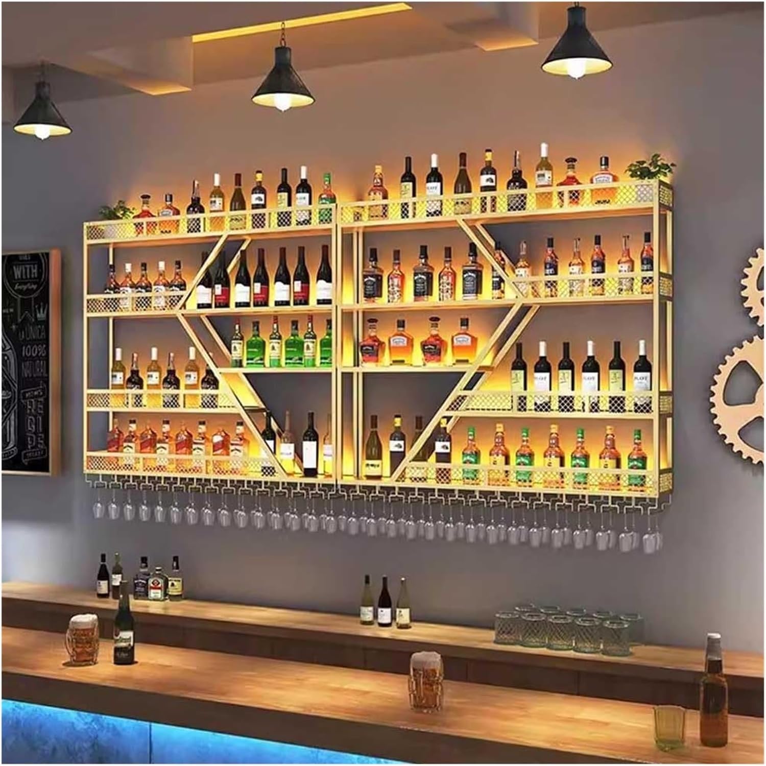 An der Wand montiertes Weinregal mit Glashalter, schwebende Barregale mit LED-Licht, Flaschenhalter aus Metall, Weinaufbewahrung, Präsentationsregal für Bar, Wohnzimmer, Restaurant, Hintergr