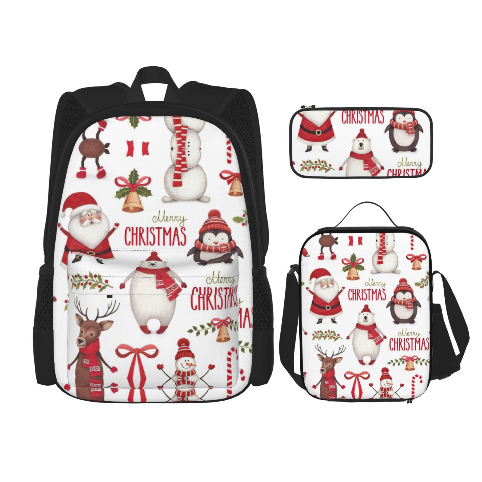 WURTON Weihnachtsmann-Druck, verstellbare Schultergurte, Rucksack-Set, Lunchtasche, Federmäppchen, Kombinationstaschen-Set