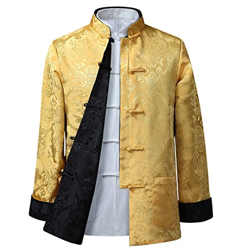 QPZK Kung Fu Jacke Beidseitig tragen Kleidung Herren Stickerei Tang Anzug Herren Hanfu Mantel Traditionelle chinesische Kleidung Baumwolle Leinen Tai Chi Kleidung Kampfsport Kleidung Lang Gelb - L