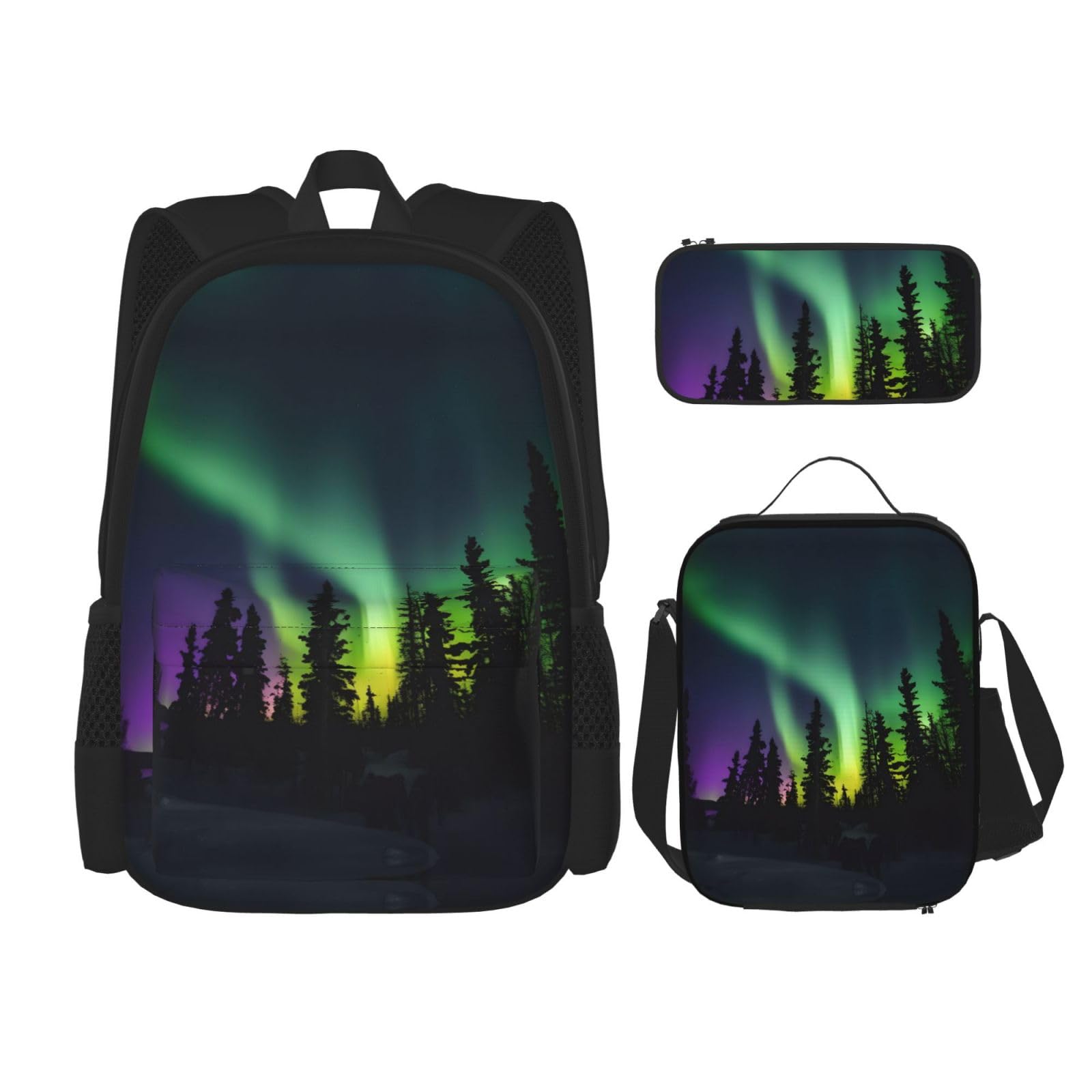 WURTON Dark Northern Lights Print Lunchbox Federmäppchen Rucksack Set 3 Stück Verstellbare Träger Langlebig Leicht, Schwarz, One Size